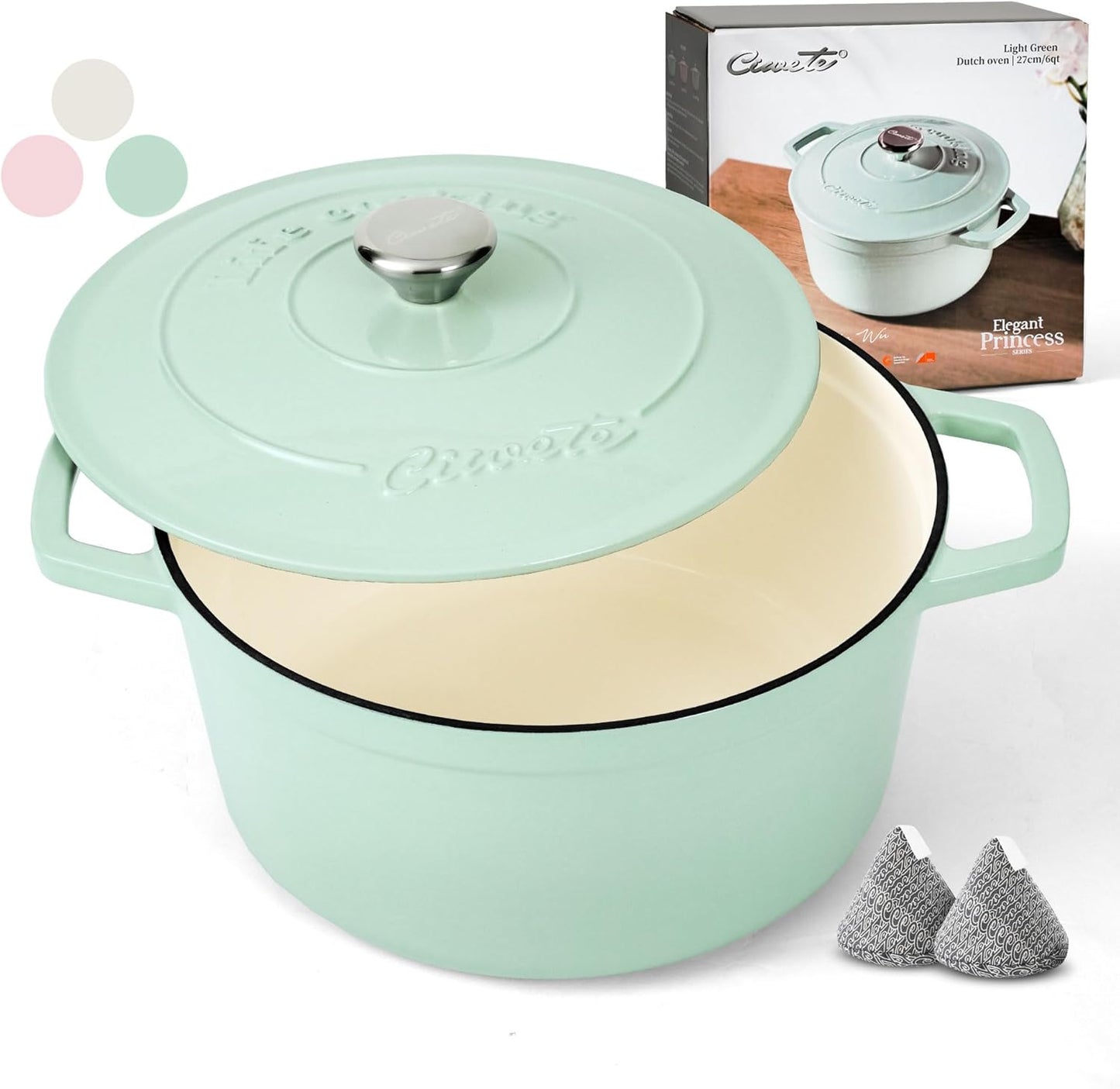 Ciwete 6 QT Dutch Oven Pot with Lid, Enameled Cast Iron Dutch Oven for Bread Making, Braiser, Cooking, Dual Handles, Oven Safe up to 500° F or on Stovetop, Gifts for Family - Mint Green