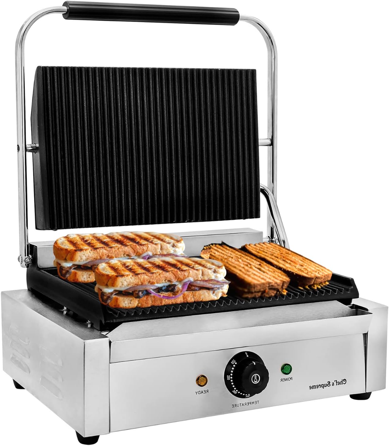 Chef's Supreme Commercial Panini Grill, 14" x 9" Non Stick Grooved Plates, 120V 2200W, 120F - 570F Heat Control, Perfect for Sandwiches, Burgers, Steaks and More