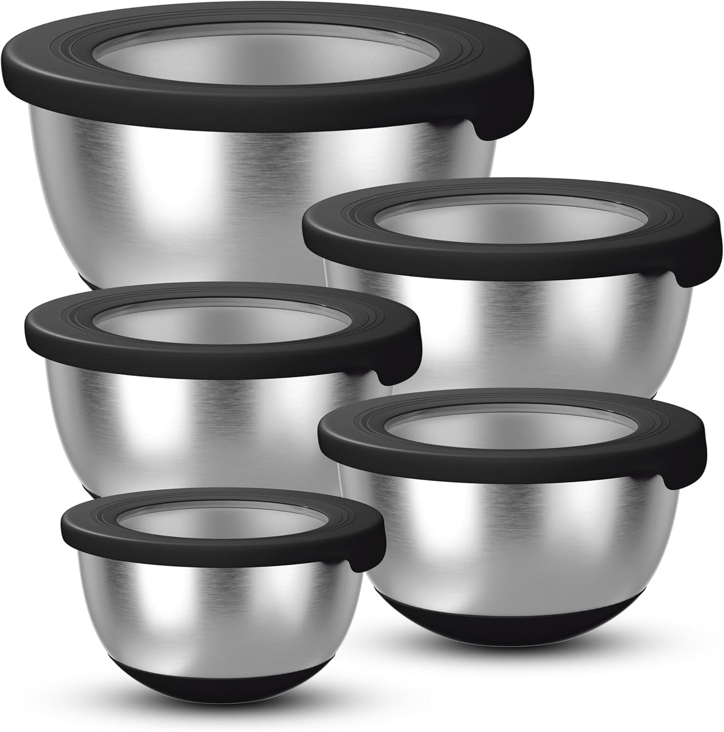 KITEISCAT Stainless Steel Mixing Bowls with Lids \u2013 Set of 5 Large Nesting Metal Bowls for Kitchen, Baking, Cooking, Food Prep & Storage, Non-Slip Base, Dishwasher Safe,Black