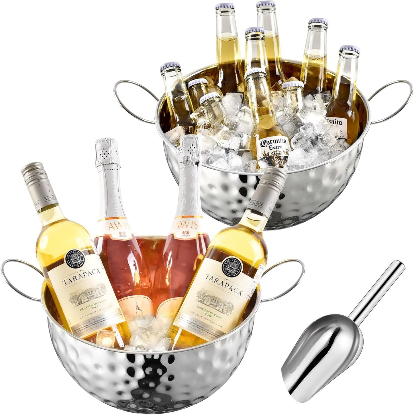 Ice Buckets for Parties,7L Leak-Proof Stainless Steel Ice Bucket Bowls with Scoop, Large Metal Ice Champagne Buckets Beverage Tub,Mimosa Bar Supplies,Beer,Drinks, Dishwasher Safe, 2 Pack