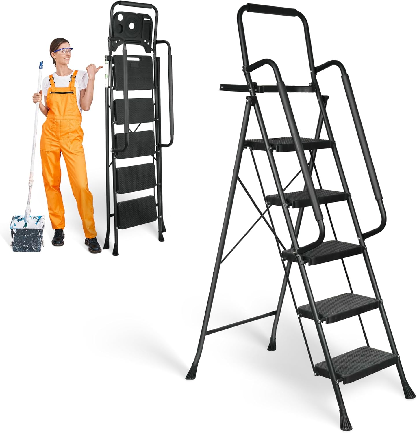 5 Step Ladder, Protable Steel Folding Stool with Wide Anti-Slip Pedal, Tool Platfor, Sturdy Steel Ladder, Black