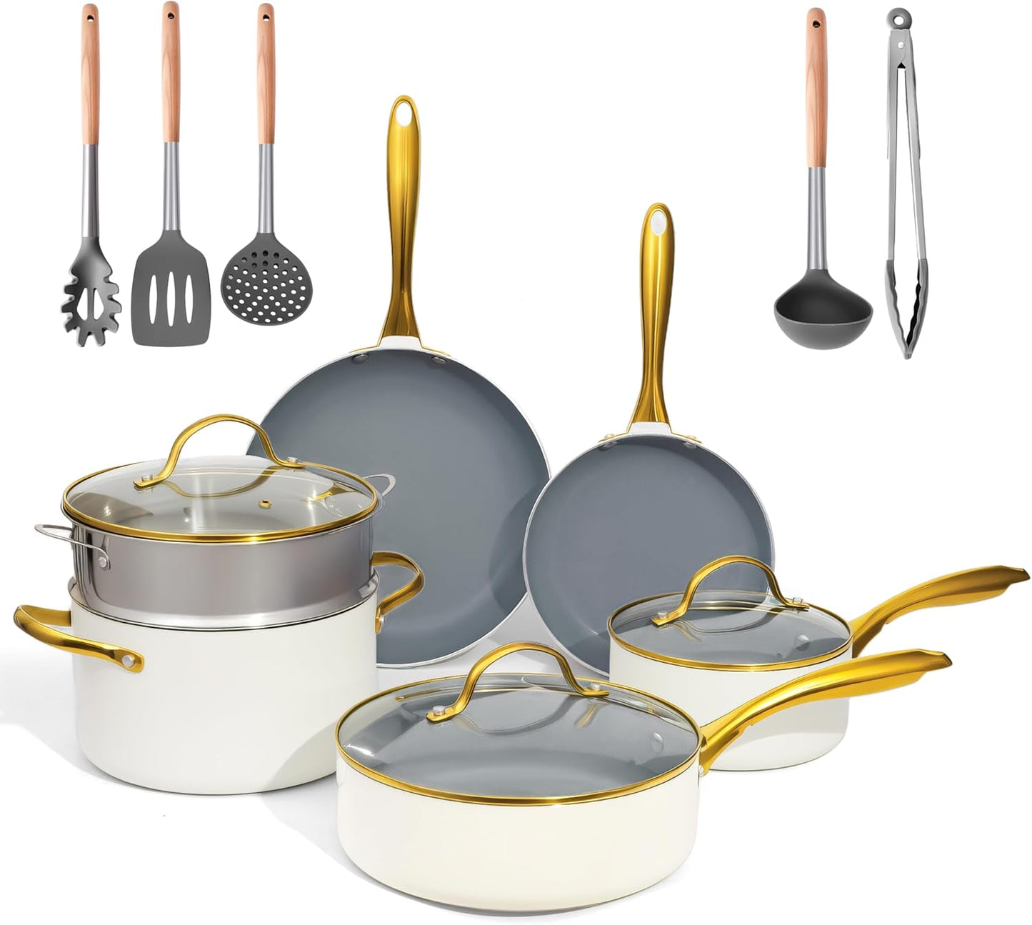 ceramic cookware set,Healthy,Non Toxic,Pots and Pans Set non stick,14-Pcs Kitchen induction cooking Sets, nonstick Pot and Pan Set with silicione Utensils,PFOS/PFOA Free,Cream and Gold