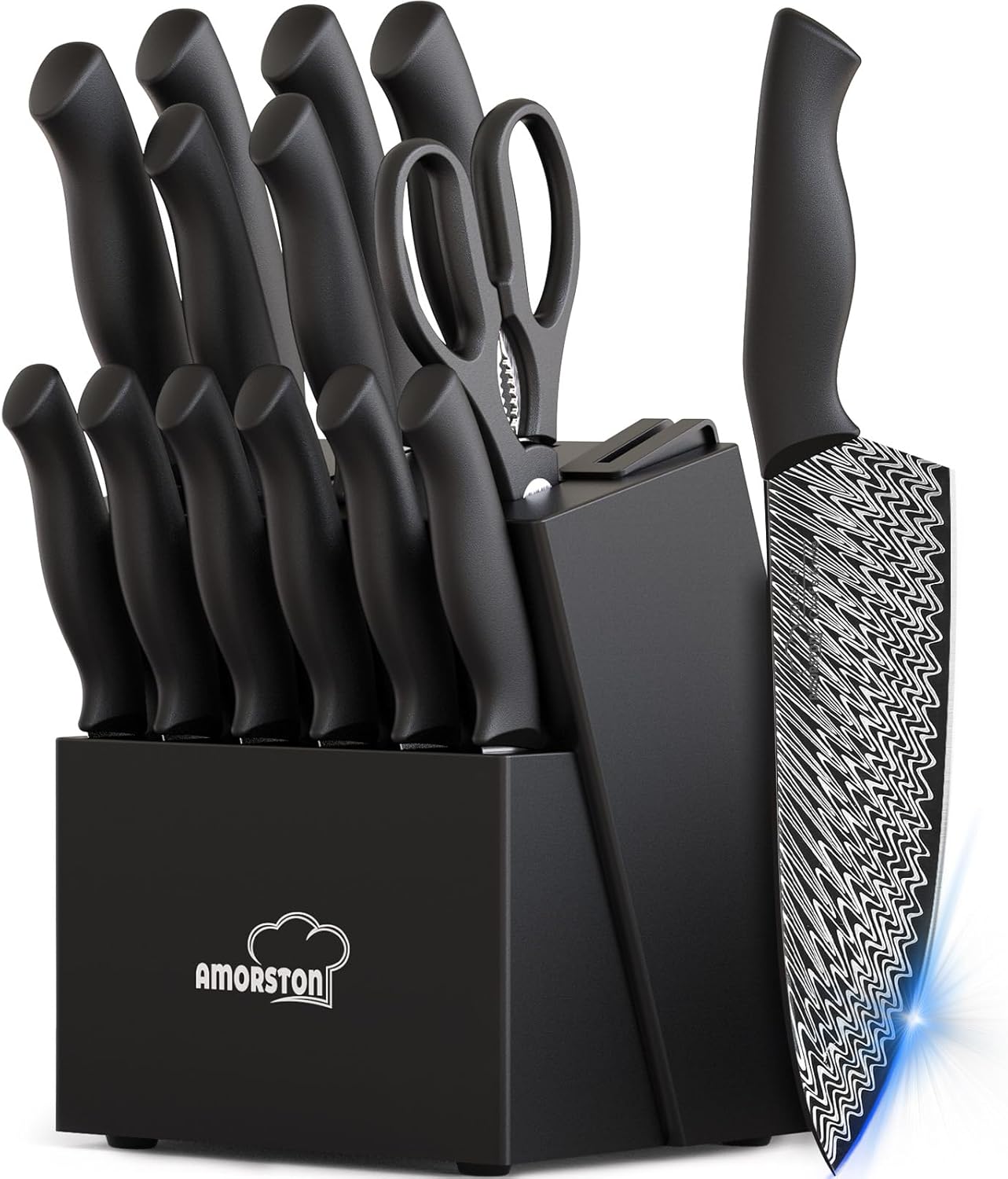 Knife Set, Amorston 15 Pieces Kitchen Knife Set with Built in Knife Sharpener, High Carbon German Stainless Steel Knife Block Set, Dishwasher Safe Knives Set, Black