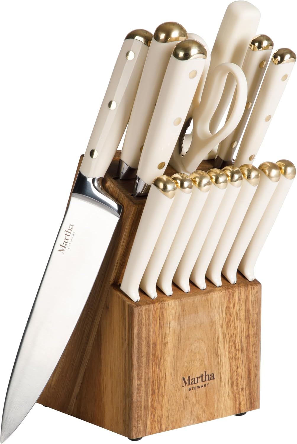 Martha Stewart 16 Piece Lockton High Carbon Stainless Steel Cutlery Kitchen Knife Block Set W\/ABS Tripe Riveted Forged Handle Acacia Wood Block - Linen White W\/Gold