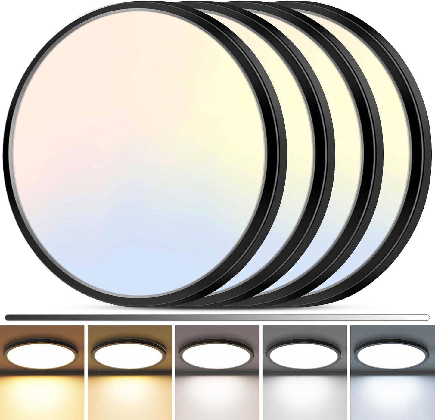 zemty 4Pack LED Flush Mount Ceiling Light, 12Inch 24W Dimmable Ceiling Lights Fixture, 5 Color Temperatures (3000K-6500K) Black Round Ceiling Lamp for Bedroom, Kitchen, Hallway,Bathroom