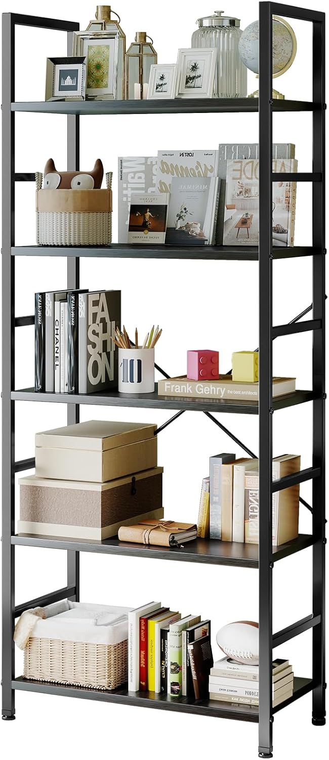 Sweetcrispy Book Shelf, 5 Tier Bookcase, Modern Tall Bookshelf for Garage Kit, CDs, Movies, Industrial Corner Storage Organizer for Bedroom Home Office Kitchen Living Room, Black