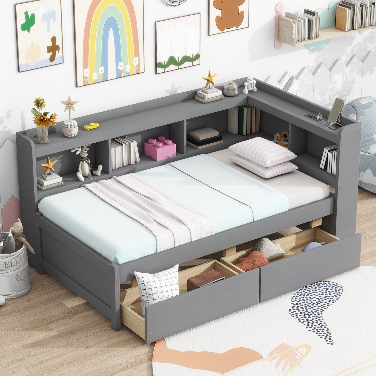 LOVMOR Twin Size L-shaped Bookcases Bed with Power Outlets USB Charging Ports Two Drawers Grey