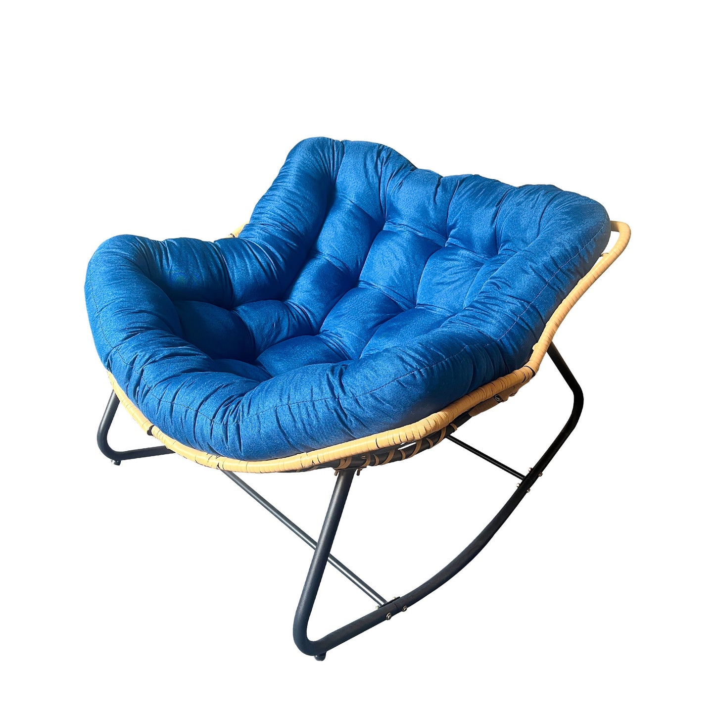 Kahomvis Rattan Black Metal Frame Rocking Chair with Blue Cushioned Seat