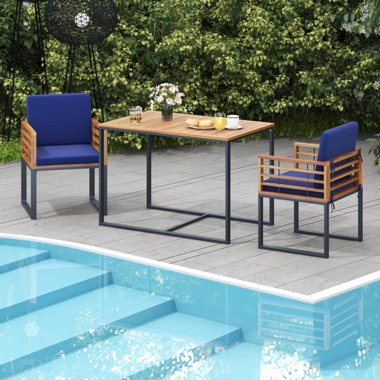 Mondawe 3 -Piece Black Patio Dining Set Wood Rectangle Table with 2 Blue Cushions Stackable Stationary Chairs