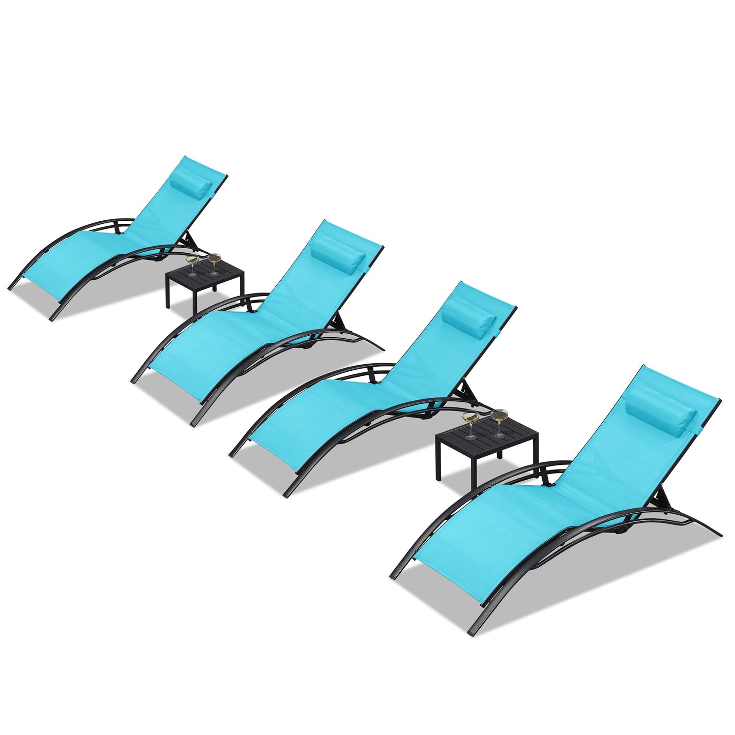 PURPLE LEAF Streamlined Stackable Adjustable Chaise lounge With Table Set of 4 Stackable Standard Aluminum Frame Stationary Chaise Lounge Chair with Blue Cushioned Seat