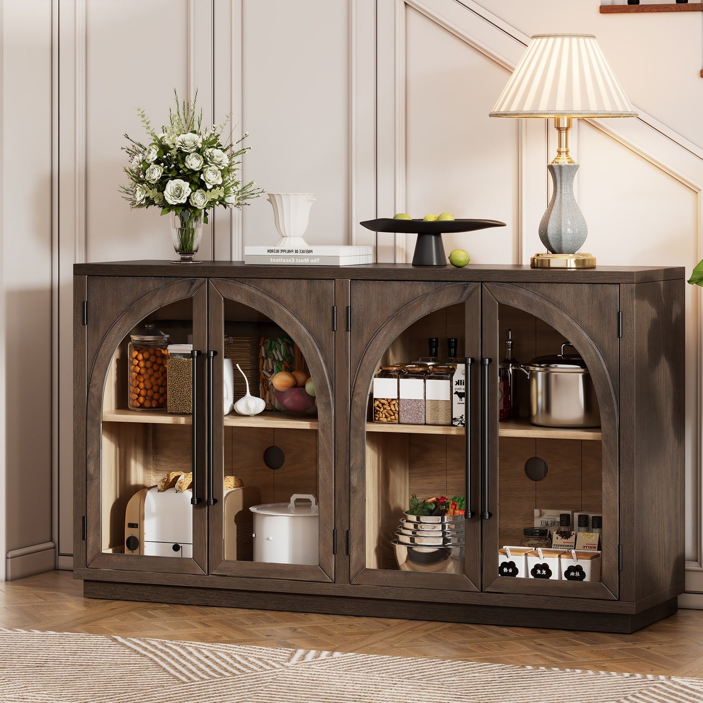 LOVMOR 4 Door Large Storage Sideboard Buffet Cabinet with Glass Doors Arched Cabinet with Adjustable Shelves for Kitchen Dining Room and Living Room Espresso