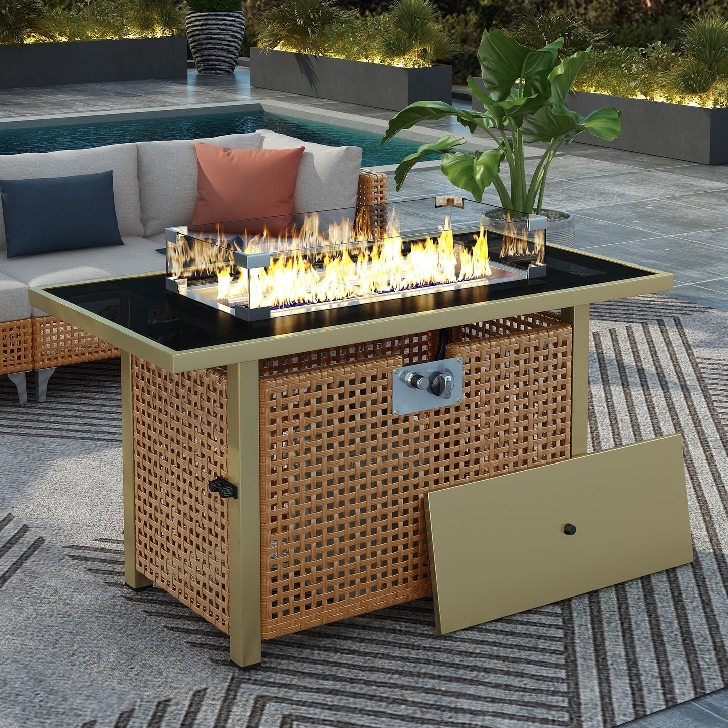 Tatayosi KK 43 Inches Propane Gas Fire Pit Table 60000 BTU Rectangular Open Weave Wicker Fire Pit with Glass Wind Guard for Outside Patio Deck Garden Backyard - Orange Mustard Yellow
