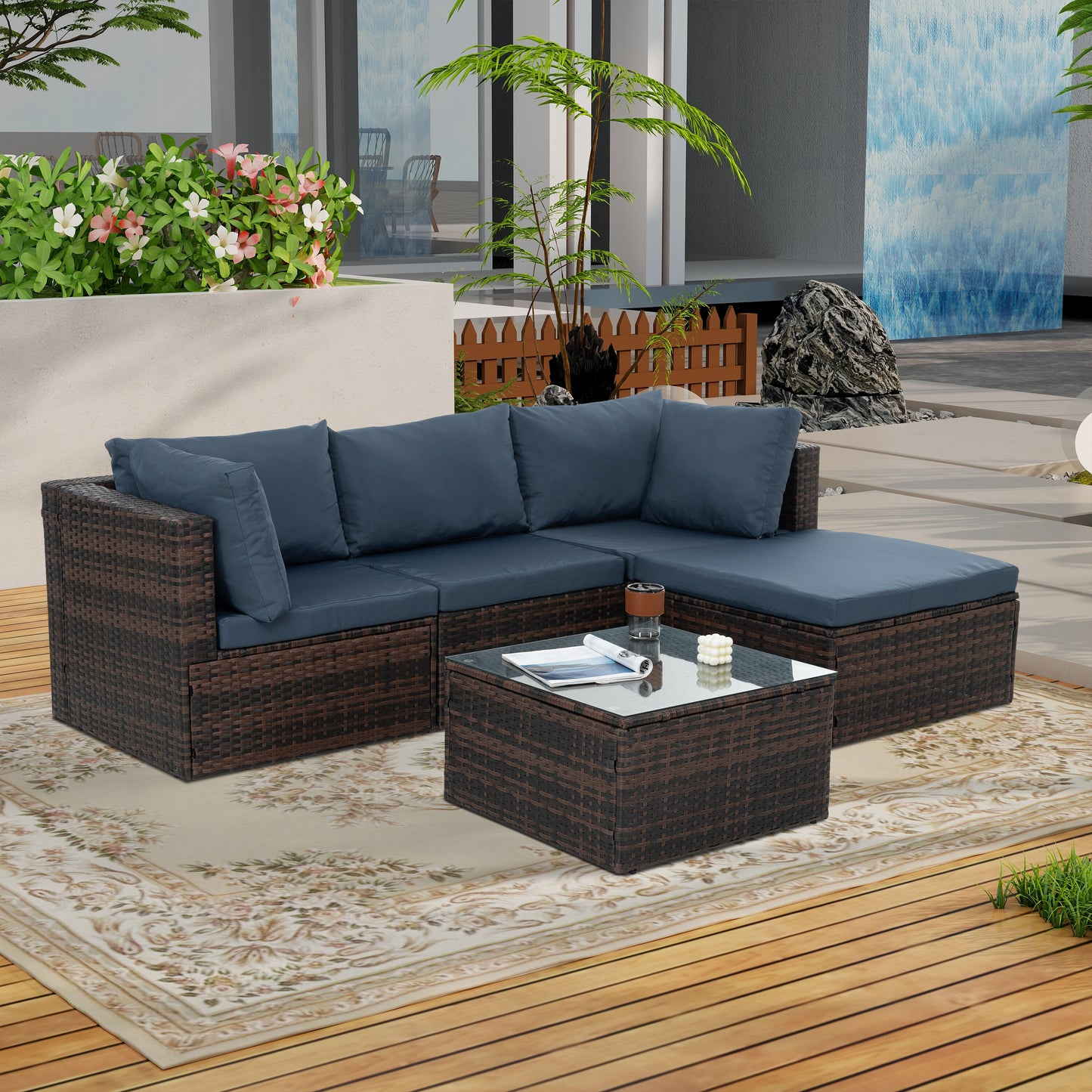 LOVMOR Patio Outdoor Seasonal Pe Wicker Furniture 5 Set With Tempered Glass Coffee Table
