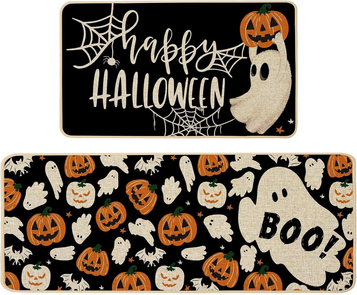 Baccessor Happy Halloween Kitchen Mats Set of 2, Ghost Pumpkin Bat Boo Spider Web Kitchen Rugs for Floor Low-Profile Farmhouse Fall Halloween Party Home Decor 17x29 and 17x47 Inch