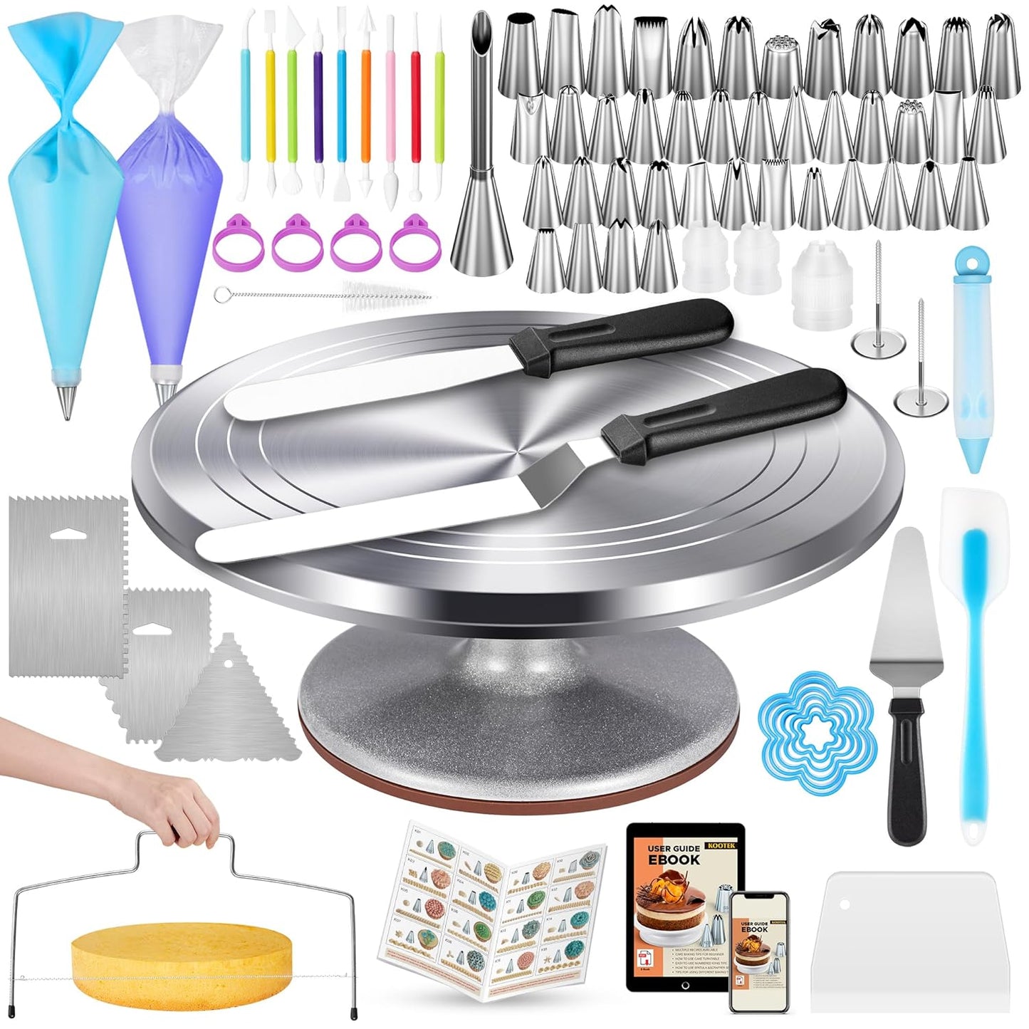 Kootek 180 Pcs Cake Decorating Kits Supplies - Aluminium Alloy Revolving Cake Turntable, Numbered Cake Decorating Tips and Frosting Tools for Baking Cupcake Cookie Muffin Kitchen Utensils
