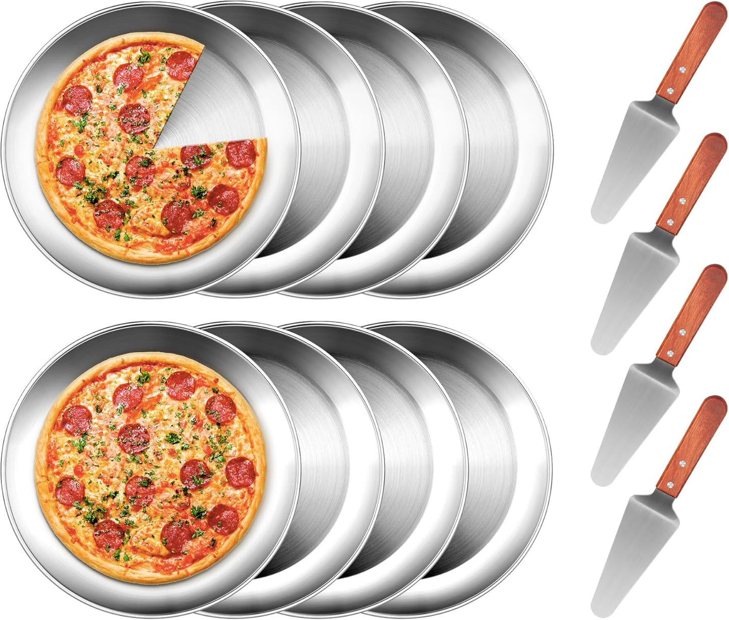 tchrules 12 Inch Pizza Pan Set of 8, Stainless Steel Pizza Tray, Round Non-Stick Coating Pizza Plate for Oven Kitchen Baking Home Restaurant, Dishwasher Safe (Silver)