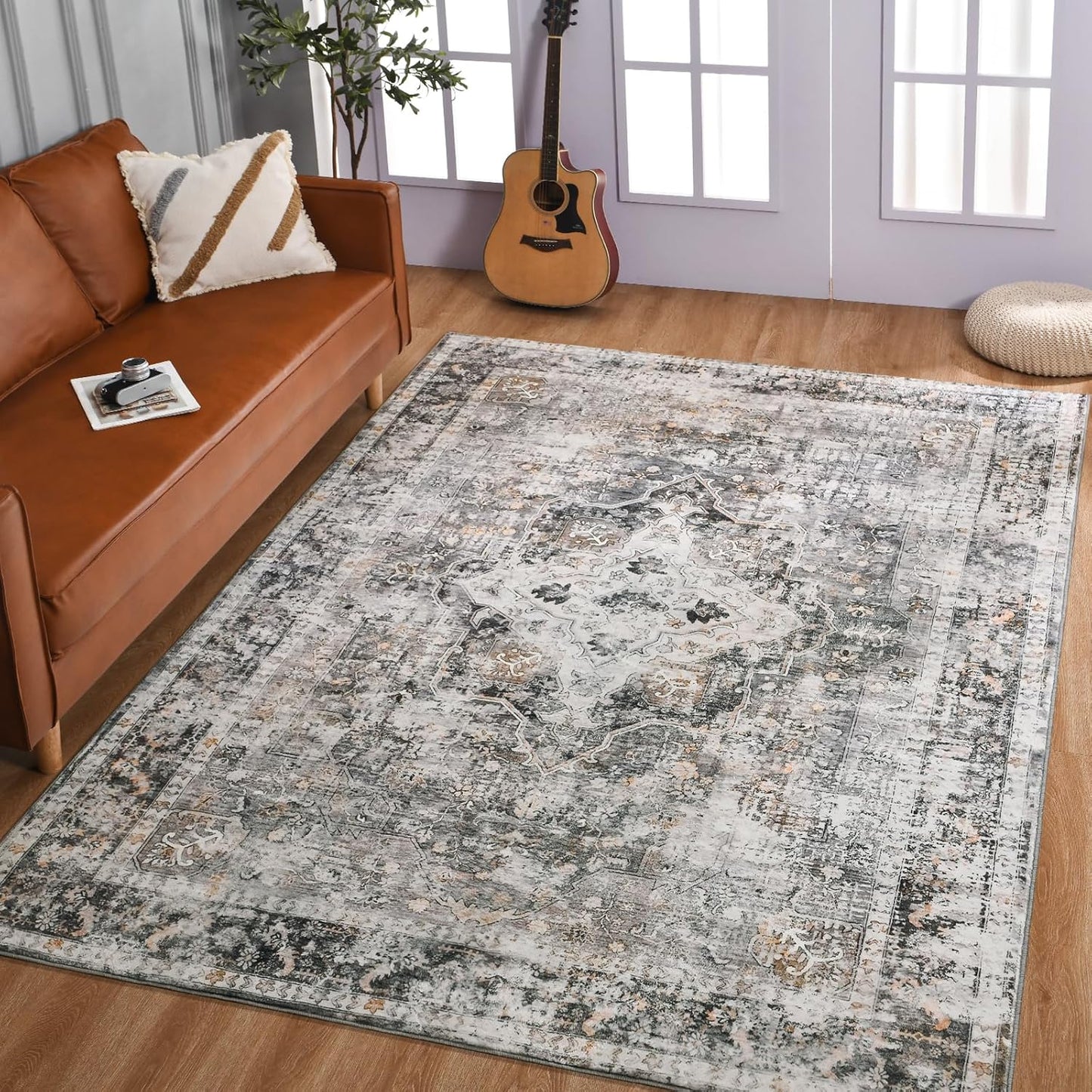 YOH Boho Washable Rug 5x7, Charcoal Gray Vintage Non Slip Area Rug, Distressed Indoor Carpet for Living Room Bedroom Kitchen Office