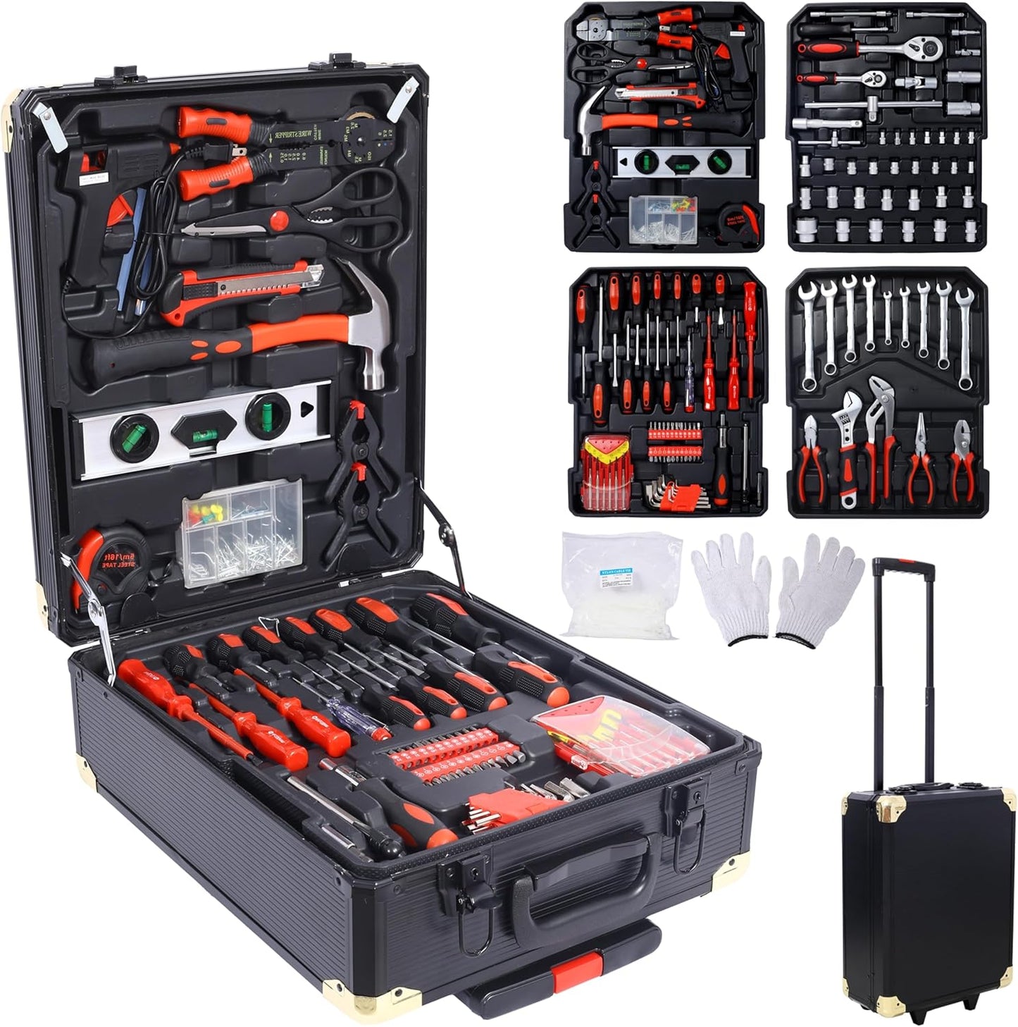 969pcs Home Repair Tool Set Kit for Men, Toolbox Storage Case with 4 Drawers, General Household Tool Kit with Rolling Tool Box, Tool Set Kit for Maintenance, Garden, Homeowner, Handyman -Black