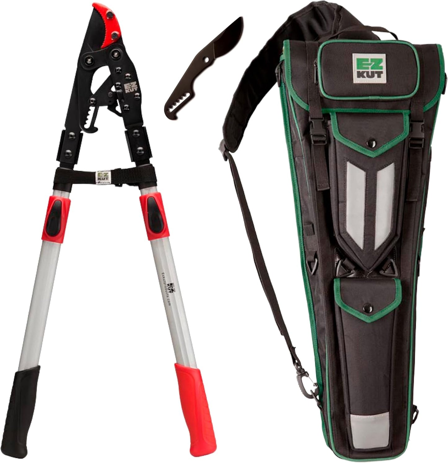 EZ Kut Tree Trimming Combo Kit \u2013 Includes 42" Extendable Ratcheting Lopper + Sling Pak Sheath + Bonus Replacement Blade \u2013 Heavy Duty Garden Tools Set, Pruning Shears for Thick Branches (Green Pack)