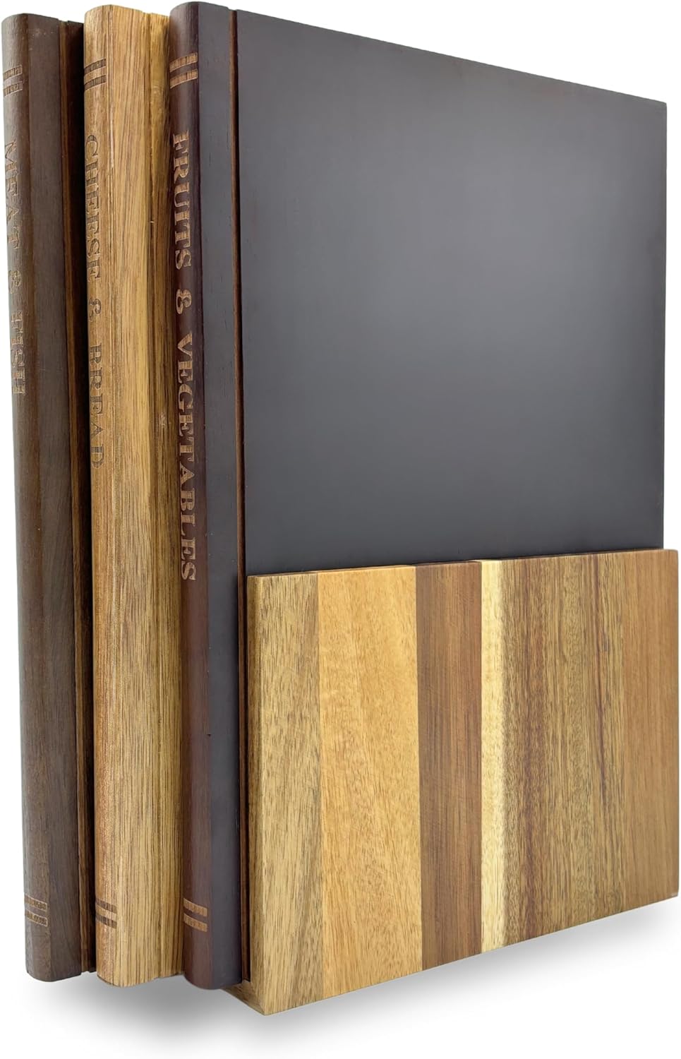 The Cutting Board Library | 100% Acacia Wood | Set of 3 Decorative and Functional Cutting Boards with Wooden Stand | Fruits, Vegetables, Meat, Fish, Cheese and Bread | Statement Piece for Countertop
