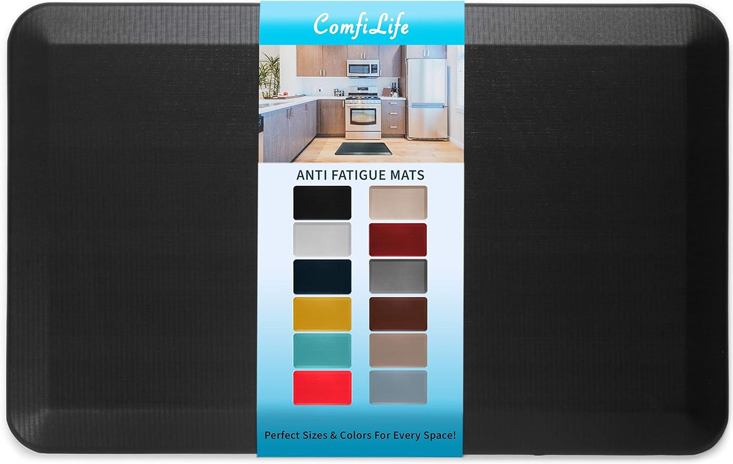 ComfiLife Anti Fatigue Floor Mat \u2013 3\/4 Inch Thick Kitchen Mats for Floor, Standing Desk Mat, Kitchen Rug \u2013 Comfort at Home, Office \u2013 Durable \u2013 Stain Resistant \u2013 Non-Slip Bottom (20" x 32", Black)