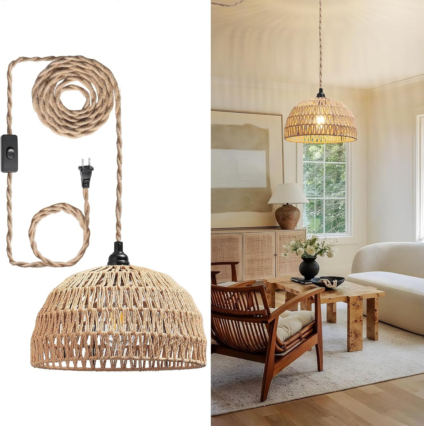 Rattan Hanging Lamp,Boho Pendant Lights,Plug in Cord Hanging Rattan Light,Plug Into Wall Outlet Pendant Light Fixture On\/Off Switch for Living,Dinner Room,Bedroom,Kitchen,for E26,without Bulb