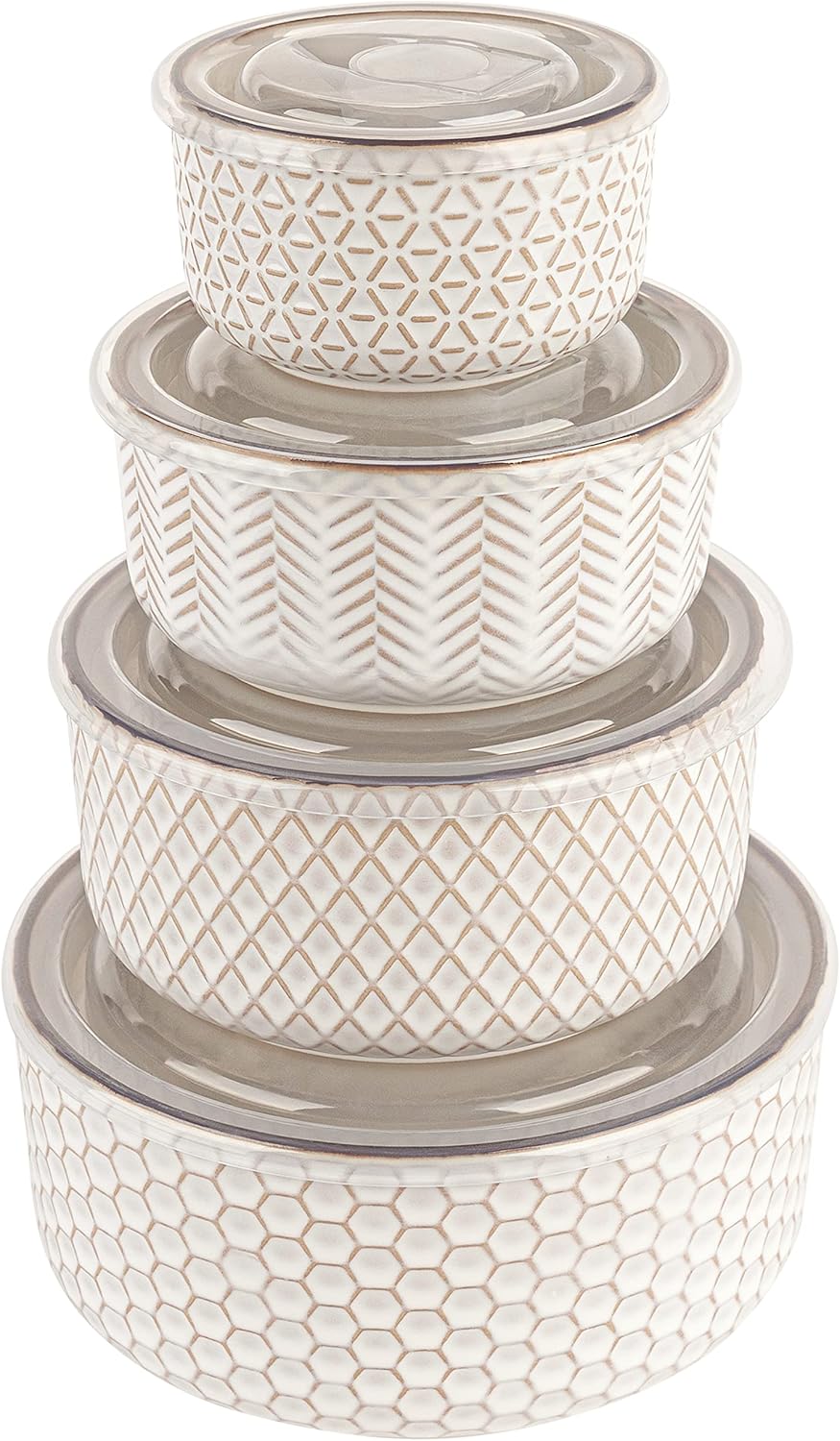 KooK Ceramic Nesting Bowls, with Lids, Serving, Set of 4, Embossed, Kitchen, Prep, Mix, Gift, Housewarming, Microwave and Dishwasher Safe, 10\/16\/29\/47 oz, Narbonne Collection (Ivory)