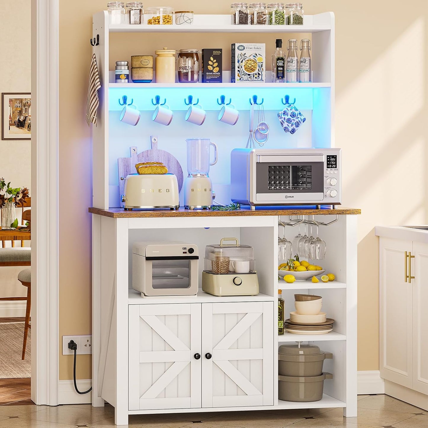Itaar 35.4 inch Bakers Rack with Power Outlet and Storage, Farmhouse Coffee Bar Cabinet, Microwave Stand Kitchen Cabinet with Hutch, LED Lights, Wine Glass Holder and 8 Hooks,White