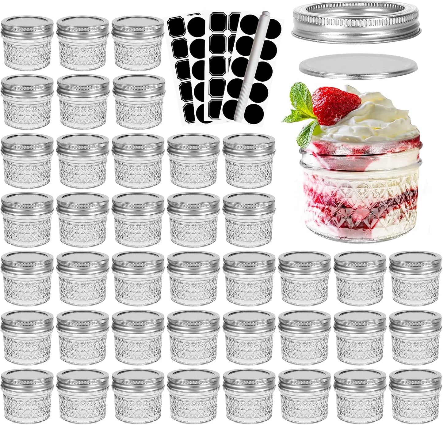 CycleMore 40 Pcs 4oz Clear Glass Mini Mason Jars With Silver Separable Lids and Diamond appearance, Small Spice Canning Jars for Honey, Jam, Jelly, Wedding Favors, Kitchen Food Storage