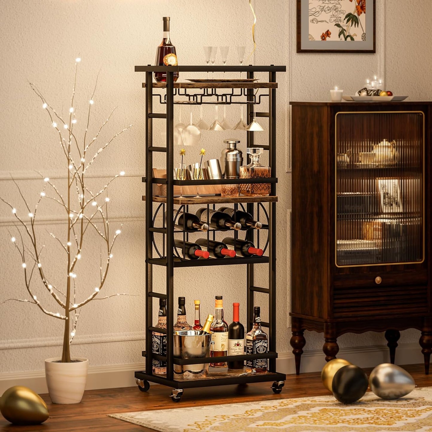 4 Tier Bar Cart for Home with Wheels,Home Bar Serving Cart, Rolling Mini Wine Cart with Wine Rack and Glass Holder, Drink Cart for Dining Room, Living Room, Kitchen, Bar and Outdoor, Rustic Brown