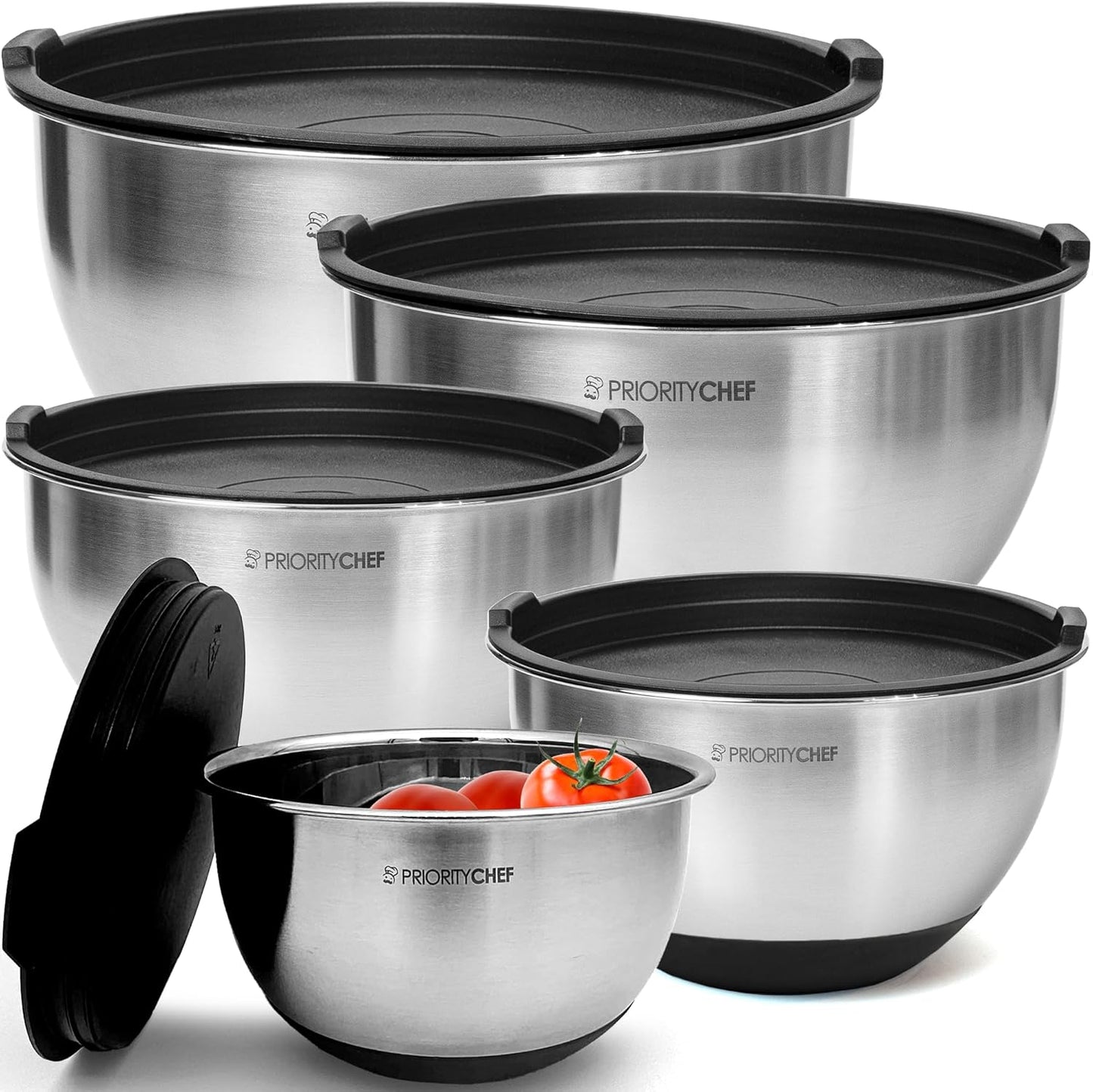 Priority Chef Premium Mixing Bowls With Lids Set, Airtight Lids, Thicker Stainless Steel Mixing Bowl Set, Large Prep Metal Bowls, Nesting Bowls for Kitchen, 1.5\/2\/3\/4\/5 Qrt, Black