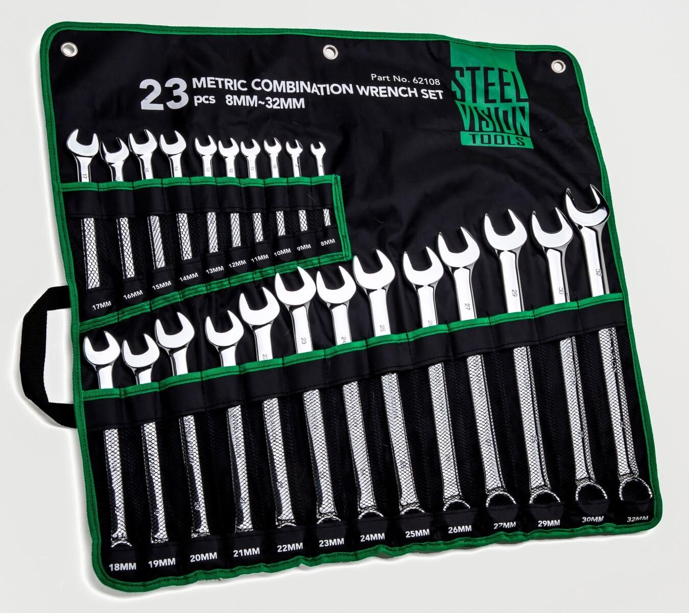 SteelVision 23pc (8mm~32MM) Top Tier Quality Combination Wrench Set, 12 Point. Long Pattern, Metric -Premium Heavy Duty CR-V Steel - Mirror Polishing Anti Rust Finish - Organizer Bag (23 pc)