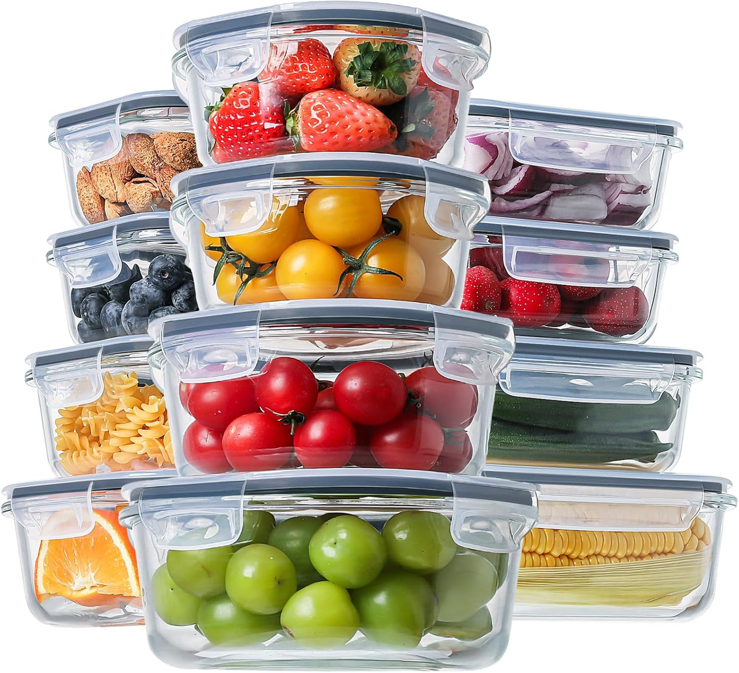 HOMBERKING 24pc Glass Food Storage Containers with Lids, Glass Meal Prep Containers, Airtight Bento Boxes, BPA Free & Leak Proof, Pantry Kitchen Storage(12 lids & 12 Containers) - Gray