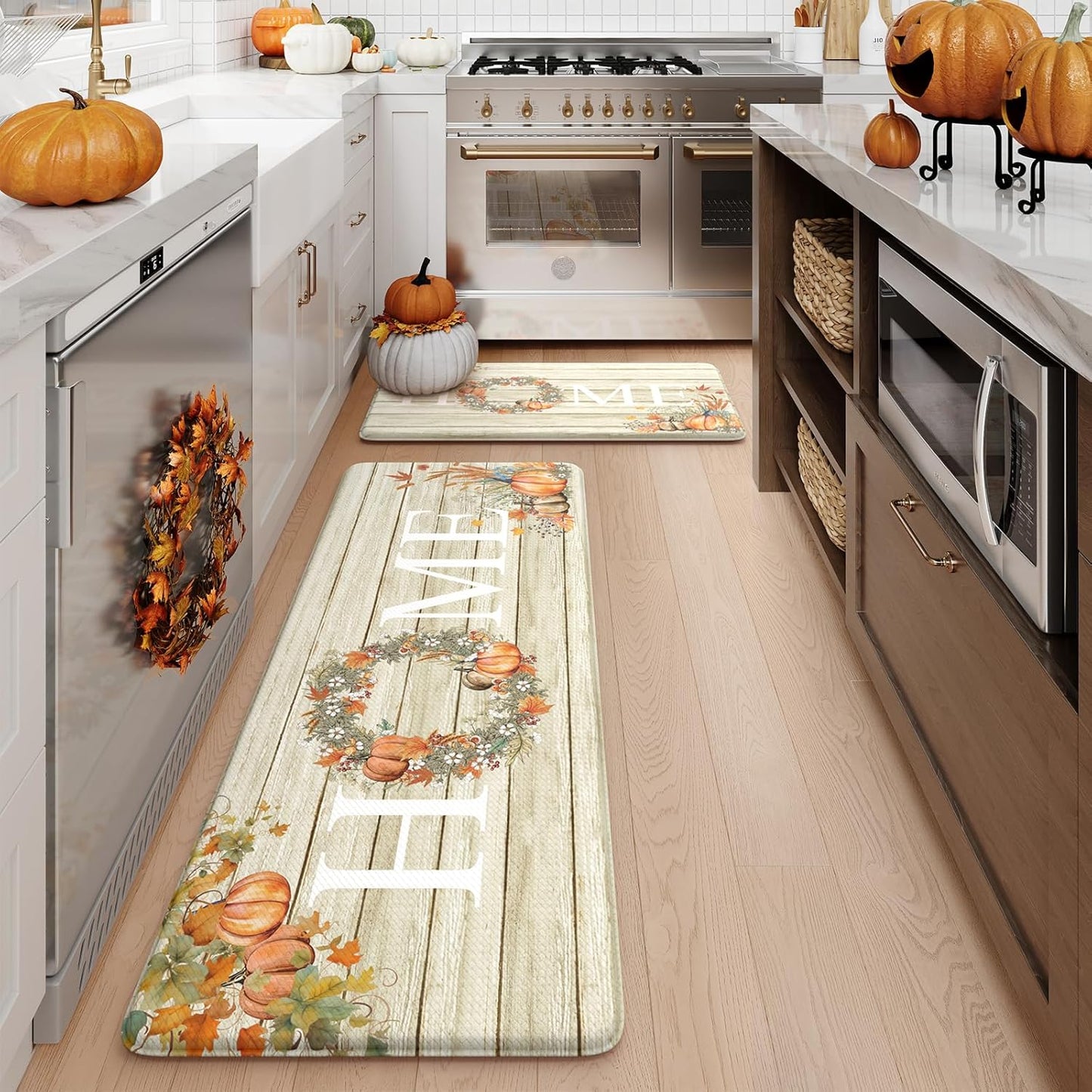 KIMODE Fall Kitchen Mat for Floor Anti Fatigue, Pumpkin Orange Kitchen Mats 2 PCS, Autumn Farmhouse Kitchen Rugs Non Slip, Cushioned Kitchen Floor Mats for Sink, Laundry, Desk 17"x47"+17"x29"