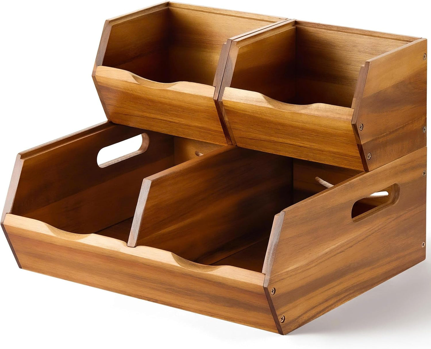 Acacia Wood Pantry Storage Bins \u2013 Stackable Open Front Kitchen Baskets for Potato, Onion, Fruit, Bread & More \u2013 Rustic Wooden Basket for Pantry - Easy Assembly with Tools & Hardware Included