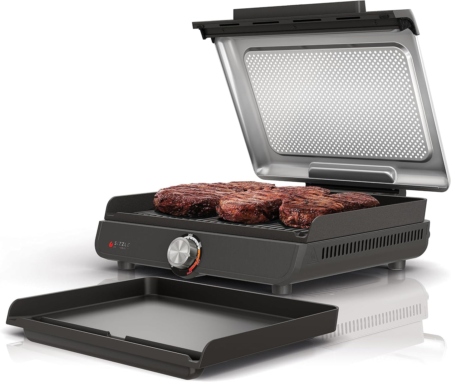 Ninja GR101 Sizzle Smokeless Indoor Grill & Griddle, 14\u2032\u2032 Interchangeable Nonstick Plates, Dishwasher-Safe Removable Mesh Lid, 500F Max Heat, Even Edge-to-Edge Cooking, Grey\/Silver (Renewed)