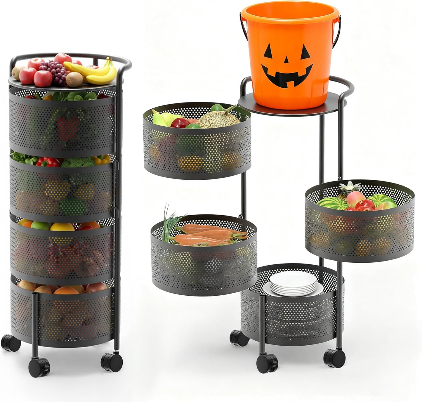 Kitchen Storage Rack No Assembly, 4-Tier Metal Storage Tower Cart Organizer on Rolling Wheels with Removal Basket for Fruit Vegetable Grocery Corns Potato Onion,Fruteros Para Cocina (4-Tier, Black)