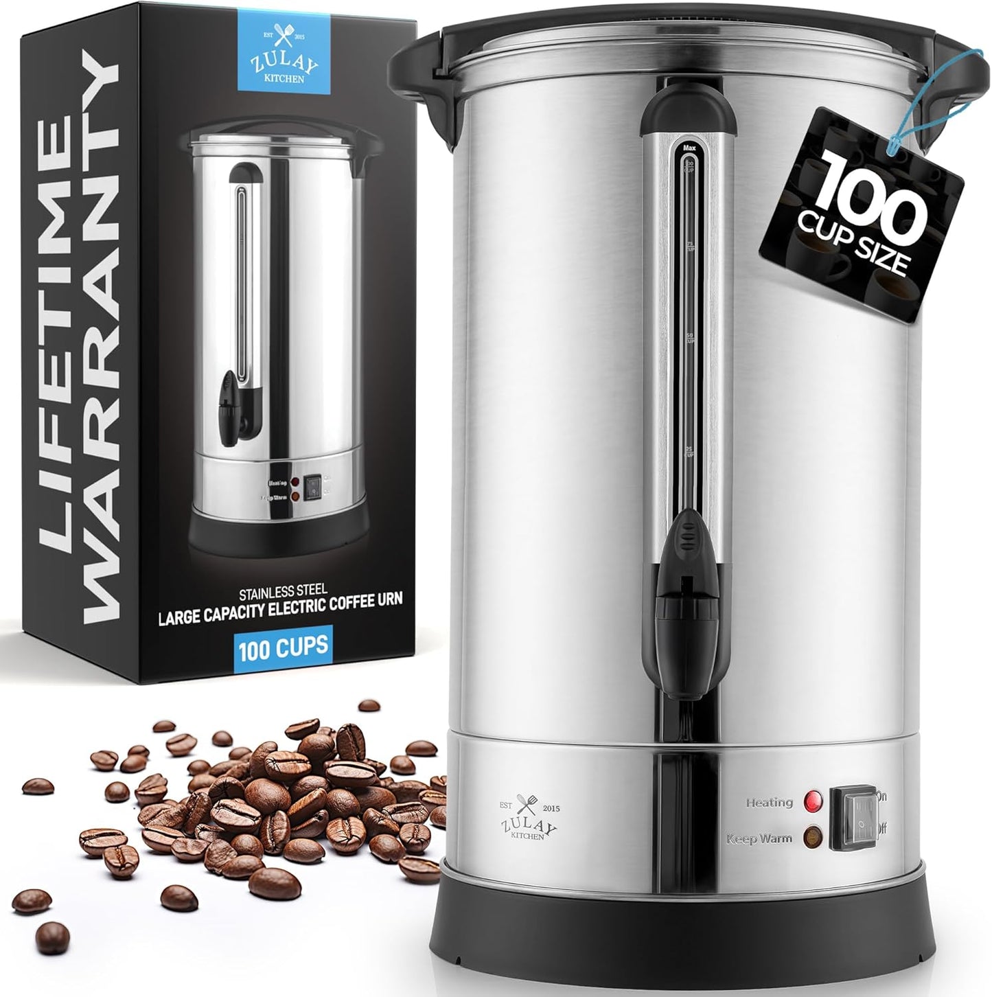Zulay Commercial Coffee Maker Machine Urn - Large Percolator Pot Dispenser With Double-Wall Stainless Steel, Quick Brew, Stays Hot - Also for Water, Tea, Beverage at Events & Catering - 100 Cup Silver