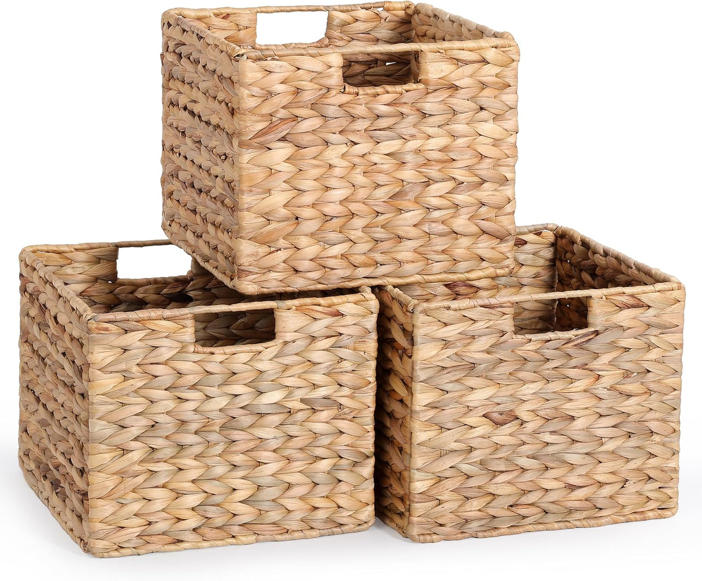 12x12x10 Water Hyacinth Storage Basket Large, Folding Cube Woven Wicker Storage Basket for Shelves, Pantry Baskets Organization and Storage, Kitchen Storage Baskets, Large Rattan Basket Set of 3