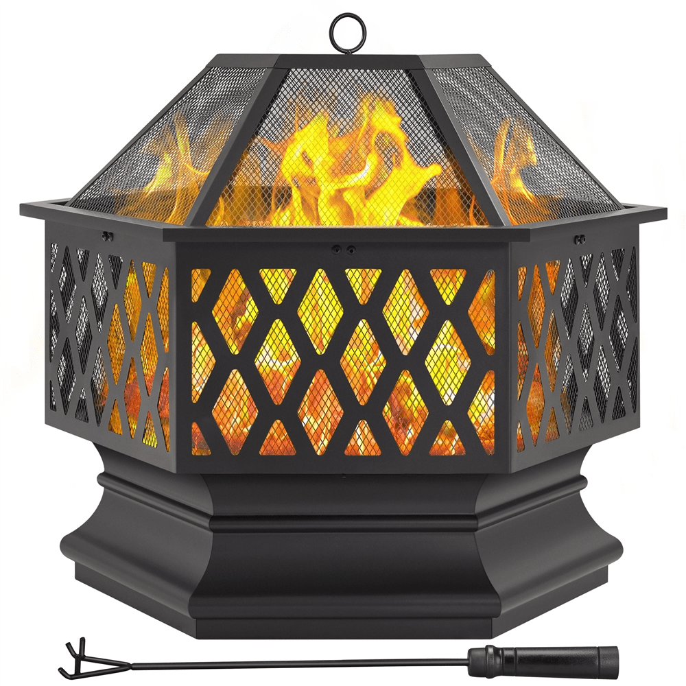 Alden Design 26" Hex-Shaped Steel Fire Pit Wood Burning Fireplace with Spark Screen & Fire Poker for Outdoor, Black