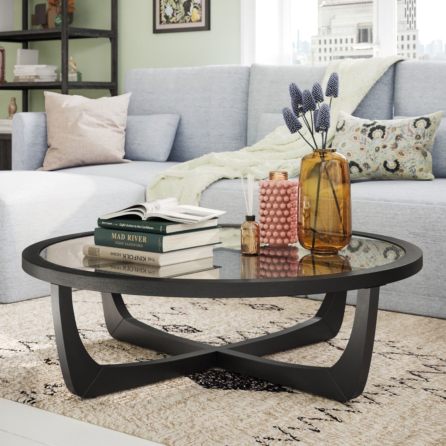 Beautiful by Drew Barrymore Round Rattan and Glass Top Coffee Table, Black