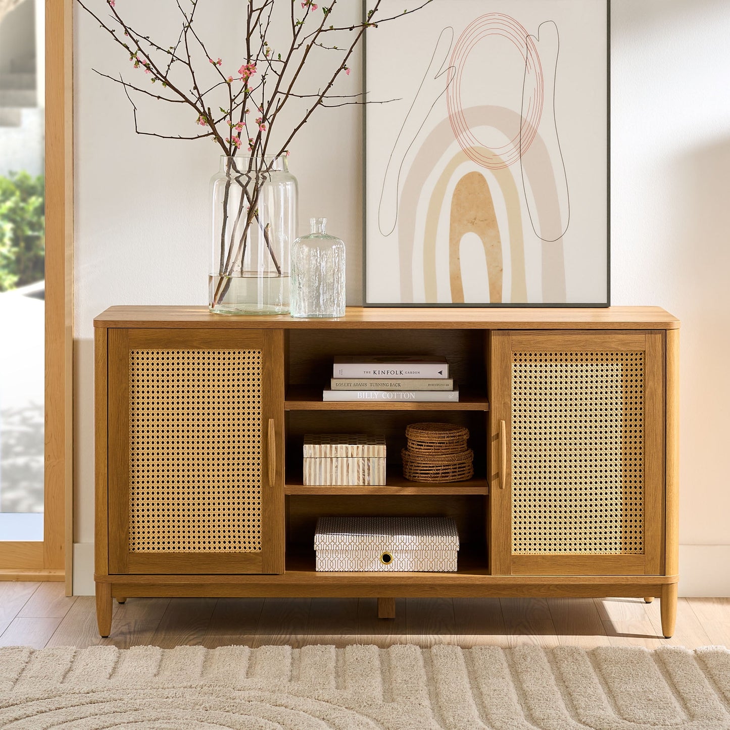 Better Homes & Gardens Springwood Cane TV Stand for TV's up to 65", Light Honey Finish