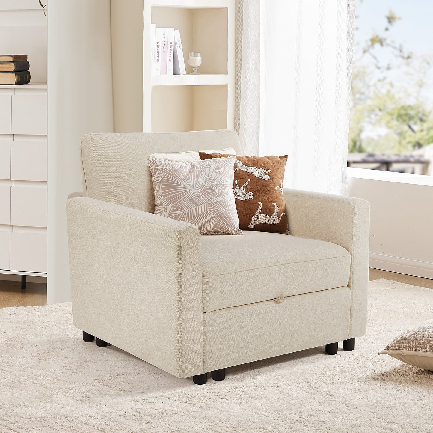 GIANNA 1-Seat Convertible Sectional Sofa Couch with Storage, Modern Sleeper Sofa with Extra Deep Seat Cushions, Soft Fabric, Compact Design for Small Spaces, Beige