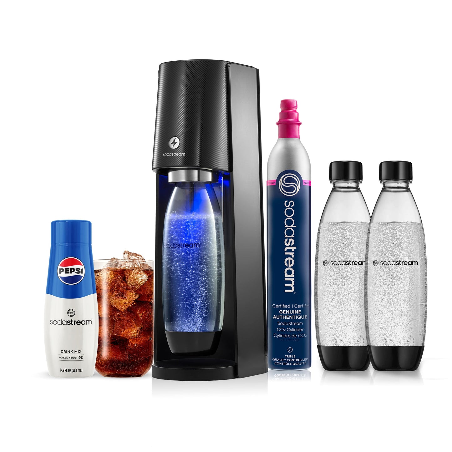 SodaStream E-Terra (Black) Sparkling Water Maker Bundle, with CO2, DWS Bottles, and Pepsi Flavor Mix