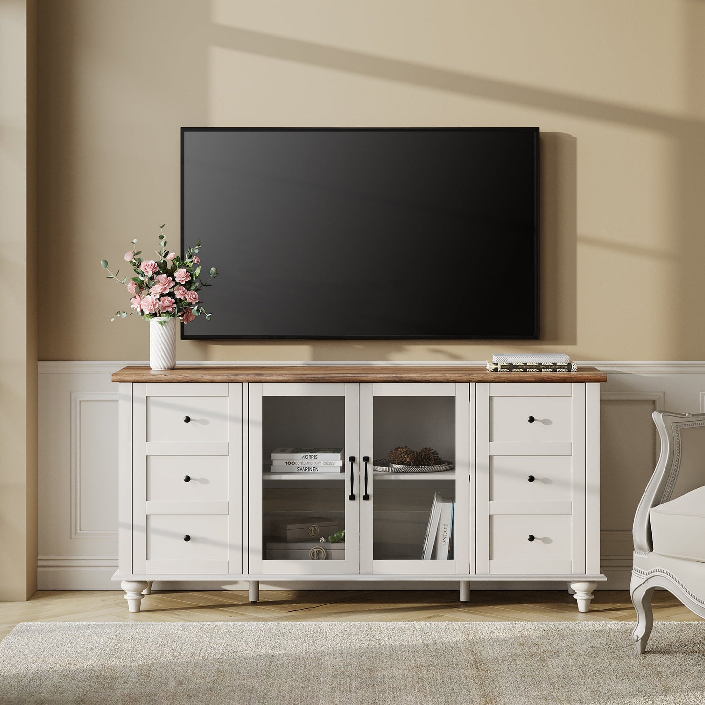 Yellow Light Farmhouse Glass&Wood Television Stand for TV up to 75 inch for Living Room, Cream White