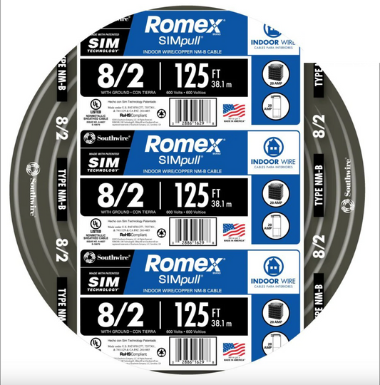 Southwire 125-ft 8/2 Romex SIMpull Stranded Indoor CU NM-B W/G Individual Pack (By-the-roll) 28893602