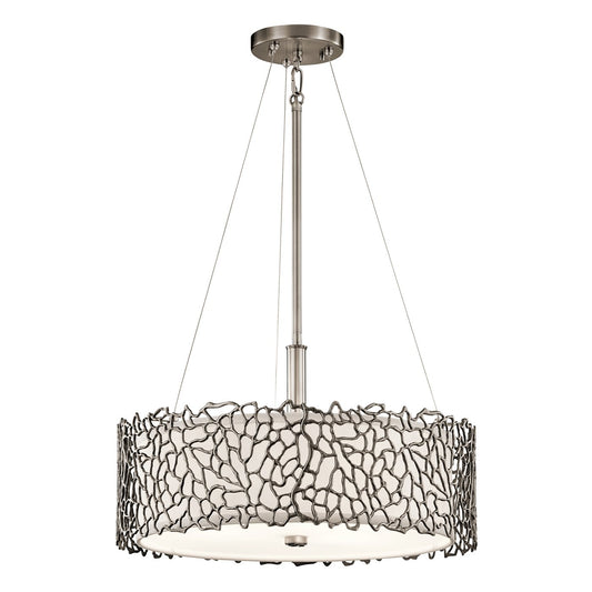 Kichler Silver Coral 3 -Light Classic Pewter Transitional Etched glass Drum Medium Hanging Pendant light 1253246