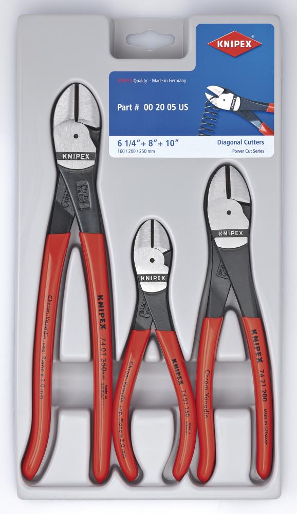 KNIPEX High Leverage Diagonal Plier Set - 3-Pack, 10-Inch, Black Finish, Home Repair Kit, Reduced Force, Multiple Colors/Finishes 00 20 05 US