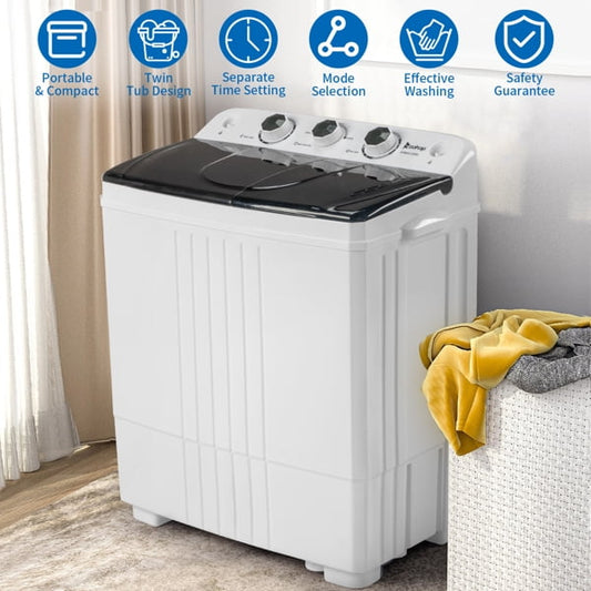 20Lb Twin Tub Washing Machine w/ Built-In Pump - Semi-Automatic 1300RPM Compact Washer for Apartment, Dorm, RV, Camping, White/Black