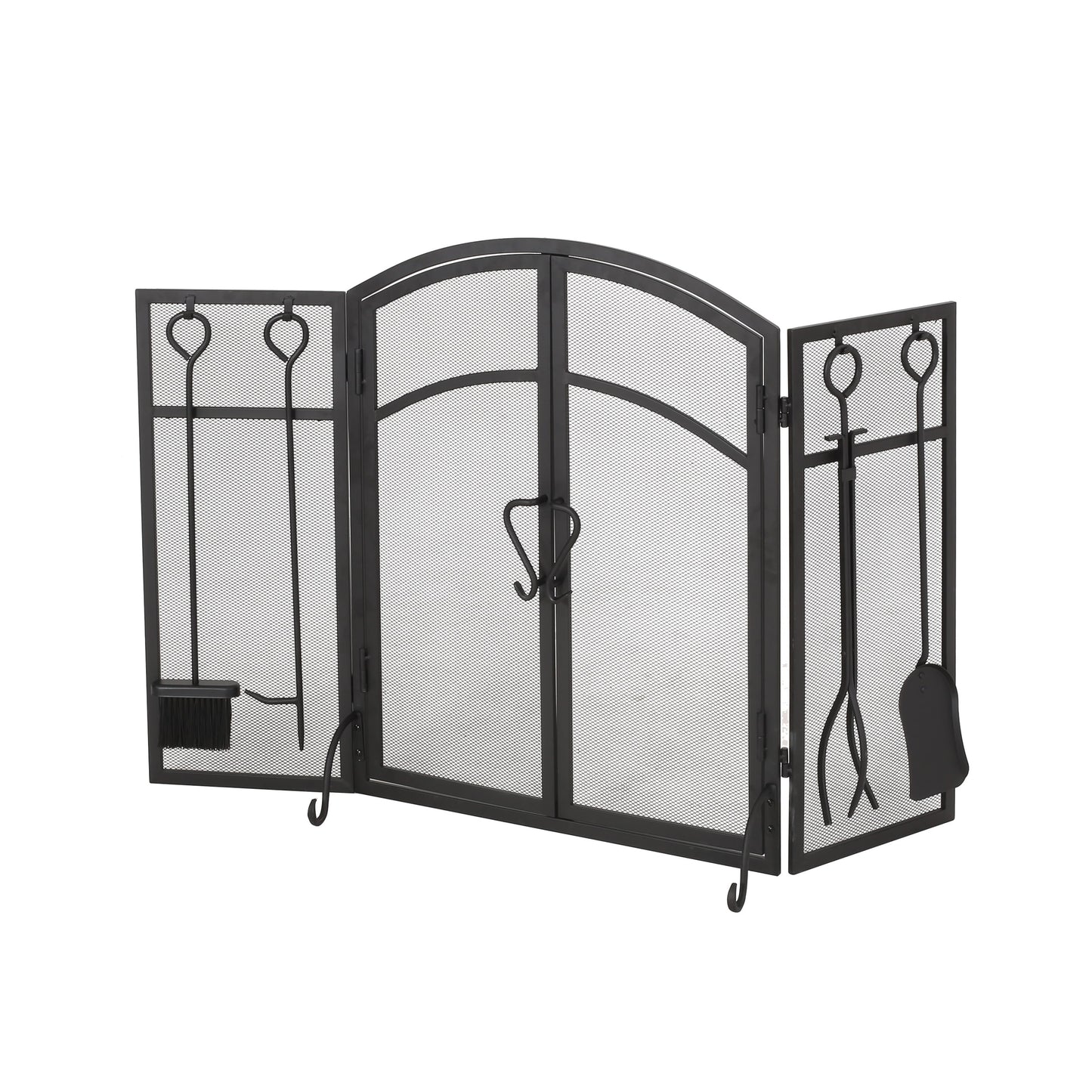 Best Selling Home Decor 50.5-in Matte Black Iron 4-Panel Arched Twin Fireplace Screen 311634
